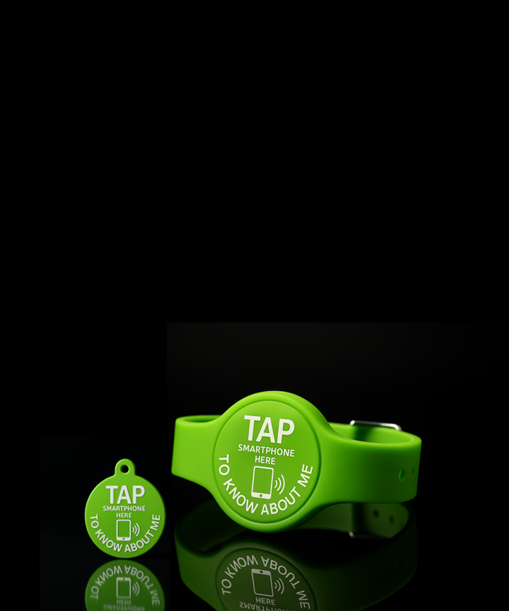 Green NFC wristband and pendant with TAP smartphone here to know about me written on the face.
