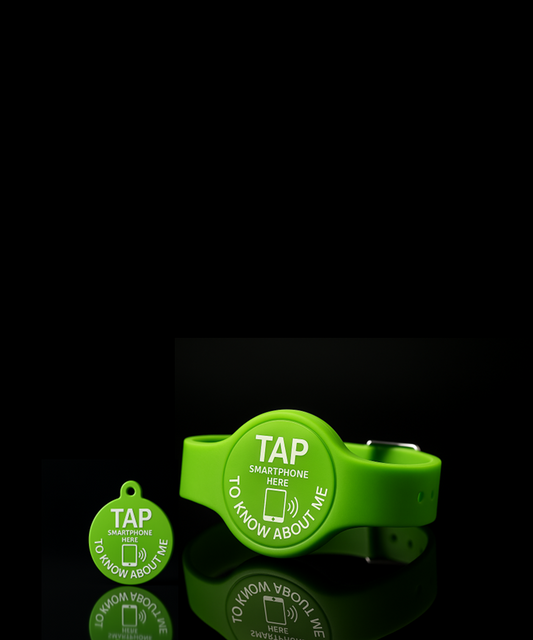 Green NFC wristband and pendant with TAP smartphone here to know about me written on the face.